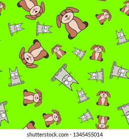 Seamless pattern of cats and dogs in in cartoon style. On color background, vector illustration.