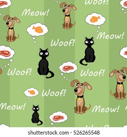 Seamless pattern with cats and dogs, dreaming about food. Vector illustration