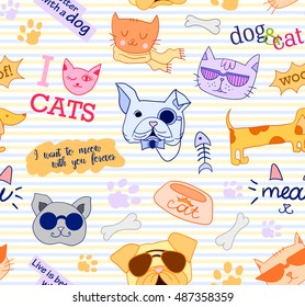 Seamless pattern with cats and dogs. Funny, beautiful, cute. Vector clip art