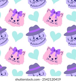 Seamless pattern with cats, dogs and hearts on white background.