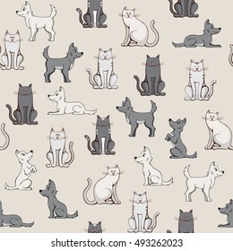 seamless pattern cats and dogs on gray background