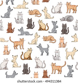 seamless pattern cats and dogs on white background