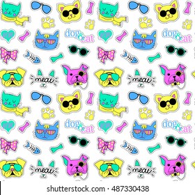 Seamless pattern with cats and dogs. Pop art. Funny, beautiful, cute. Vector.Stickers, pins, patches handwritten notes collection in cartoon 80s-90s comic style. Trend. Vector clip art