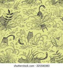 Seamless pattern with cats. Doodle cute pets in plants and leaves and grass. Outdoor domestic animals playing, walking. Line art vector illustration