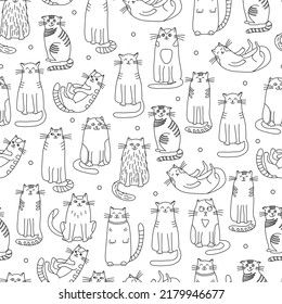 Patrón sin foco con gatos al estilo doodle. Ilustración vectorial dibujada a mano sobre fondo blanco. Ideal para tejidos, papeles pintados, papeles para envolver, libros para colorear. Borde negro.