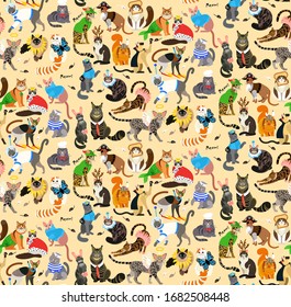 Seamless Pattern with Cats Dressed In  Costumes