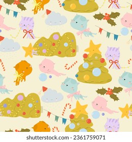 Seamless Pattern with Cats dropped the Christmas Tree