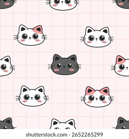 Patrón sin fisuras con el garabato de la historieta de la cara de los gatos, patrón de la cabeza del gato de Kawaii en fondo rosado