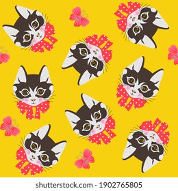 Seamless pattern with cats faces  and butterflies on yellow background.