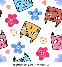 Seamless pattern of cats faces with different emotions. Vector illustration in Doodle style.