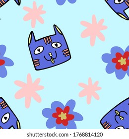 Seamless pattern of cats faces with different emotions. Blue background. Vector illustration in Doodle style.