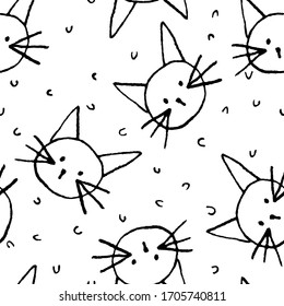 Seamless pattern with cats faces doodles. Cute and funny kitty isolated on white. Background design for textile, fabric, wrapping paper. Black and white pet backdrop. Stock vector illustration.