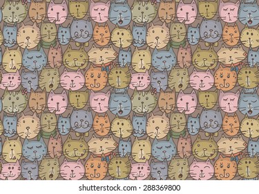 Seamless pattern with cat's faces. Funny vector background.