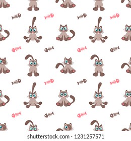 Seamless pattern with cats and fish bones