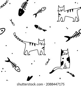 Seamless pattern with cats and fish. Great for postcards, stickers, wallpaper and textile. White isolated background.