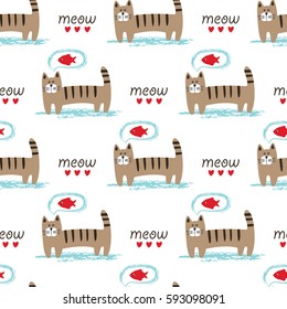 Seamless pattern with cats, fish and lettering. Wrapper paper, scrapbook paper, bedding pattern vector illustration.