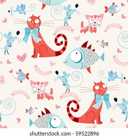 seamless pattern of the cats and fish with mice