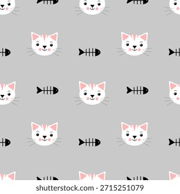 Patrón sin fisuras con gatos y peces sobre un fondo gris