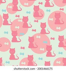 seamless pattern of cats and fishes in summer colors