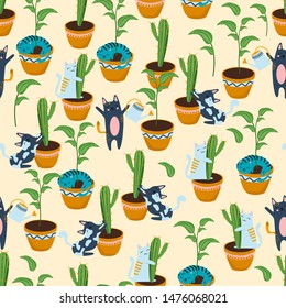 seamless pattern with cats and flowerpots - vector illustration, eps