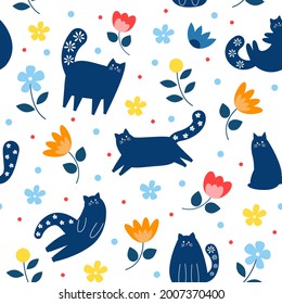 Seamless pattern with cats and flowers.