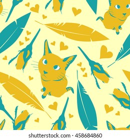 Seamless pattern with cats, flowers and hearts. Stock vector illustration.