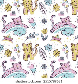 Seamless pattern with cats and flowers. Kid design.