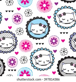 patrón transparente con gatos y flores en la ilustración vectorial de fondo blanco