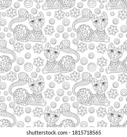Nahtloses Muster mit Katzen und Blumen im Farbglas-Stil, dunkle Kontur auf weißem Hintergrund