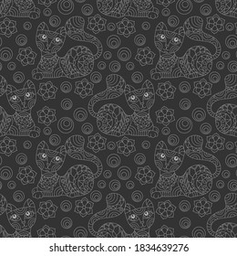 Seamless pattern with cats and flowers in stained glass style, light contour on a dark background