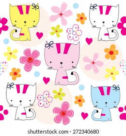 seamless pattern with cats and flowers vector illustration