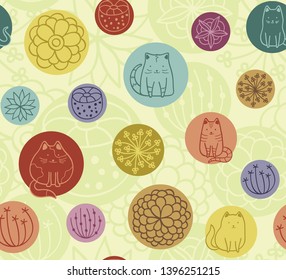 Seamless pattern with cats and flowers. Cats waiting for summer. Vector background for fabric, textile, wallpaper, posters, gift wrapping paper, napkins, tablecloths. Print for kids, children, baby