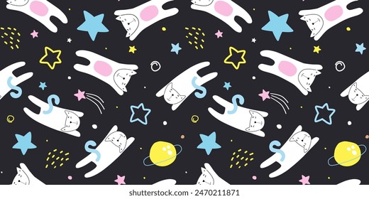 Seamless pattern with cats flying in space. Sleeping animals among stars, planets, comets. Vector graphics.