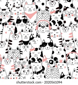 Seamless pattern with cats. Funny cartoon animal characters.