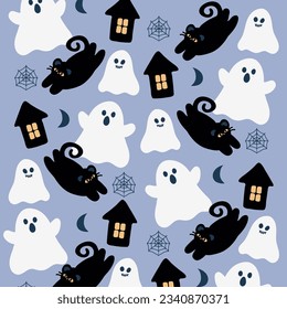 seamless pattern and cats   ghosts  Seamless pattern and cute ghosts in cute cartoon doodle style blue background  Vector illustration background for halloween 