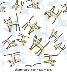 Seamless pattern. with cats, gray, brown and dark blue.
