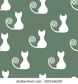 Seamless pattern with cats. Green and white background.