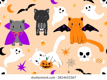 Seamless pattern with cats. Halloween background. Happy Halloween seamless pattern and background with cute cat in fancy costume