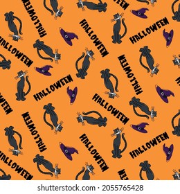 Seamless pattern of cats, Halloween inscriptions and a witch hat on a bright orange background.