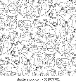 Seamless pattern with cats. Hand drawn black and white graphic