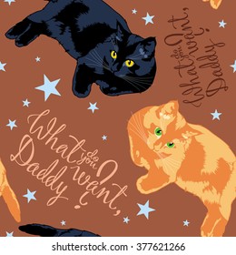 Seamless pattern with cats  and hand drawn lettering