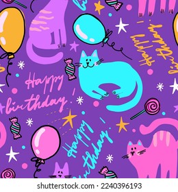Nahtlose Muster mit Katzen und glücklichem Geburtstag. Hintergrund für Textilien, Gewebe, Umhüllungspapier, Schreibwaren und anderes Design.