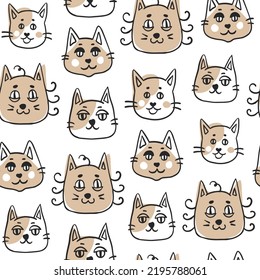 Seamless pattern with cats heads in doodle style. Cute hand drawn repeat vector illustration for kids, pet shop, product, veterinary, funny animal wallpaper, fabric, textile