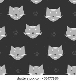 Seamless pattern with cats' heads. Stylized cats. Dark, gray, black. Shabby, textured background. Vector.