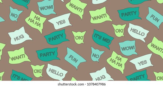 Seamless pattern with cats heads and words. Background. Vector illustration.