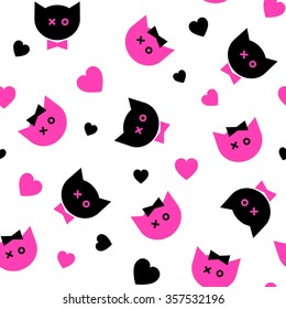 Seamless pattern with cats and hearts.