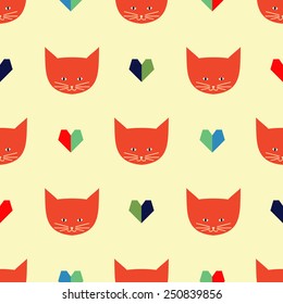 Seamless pattern with cats and hearts. Cute vector background. Baby shower design. Happy Valentine's Day illustration.