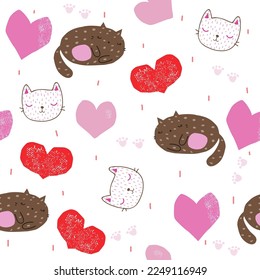Seamless pattern with cats and hearts. Funny cartoon print. Vector hand drawn illustration.