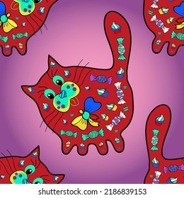 Seamless pattern. Cats with hearts. Hand draw doodle with patterns and zentagle elements for coloring book. Cat in pleasant colors. Cute and nice art. Background for Fabric, Textile. vector illustrati