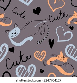 Seamless pattern of cats, hearts and lettering in doodle styles. Pattern of cute cats on gray background. Vector illustration.
